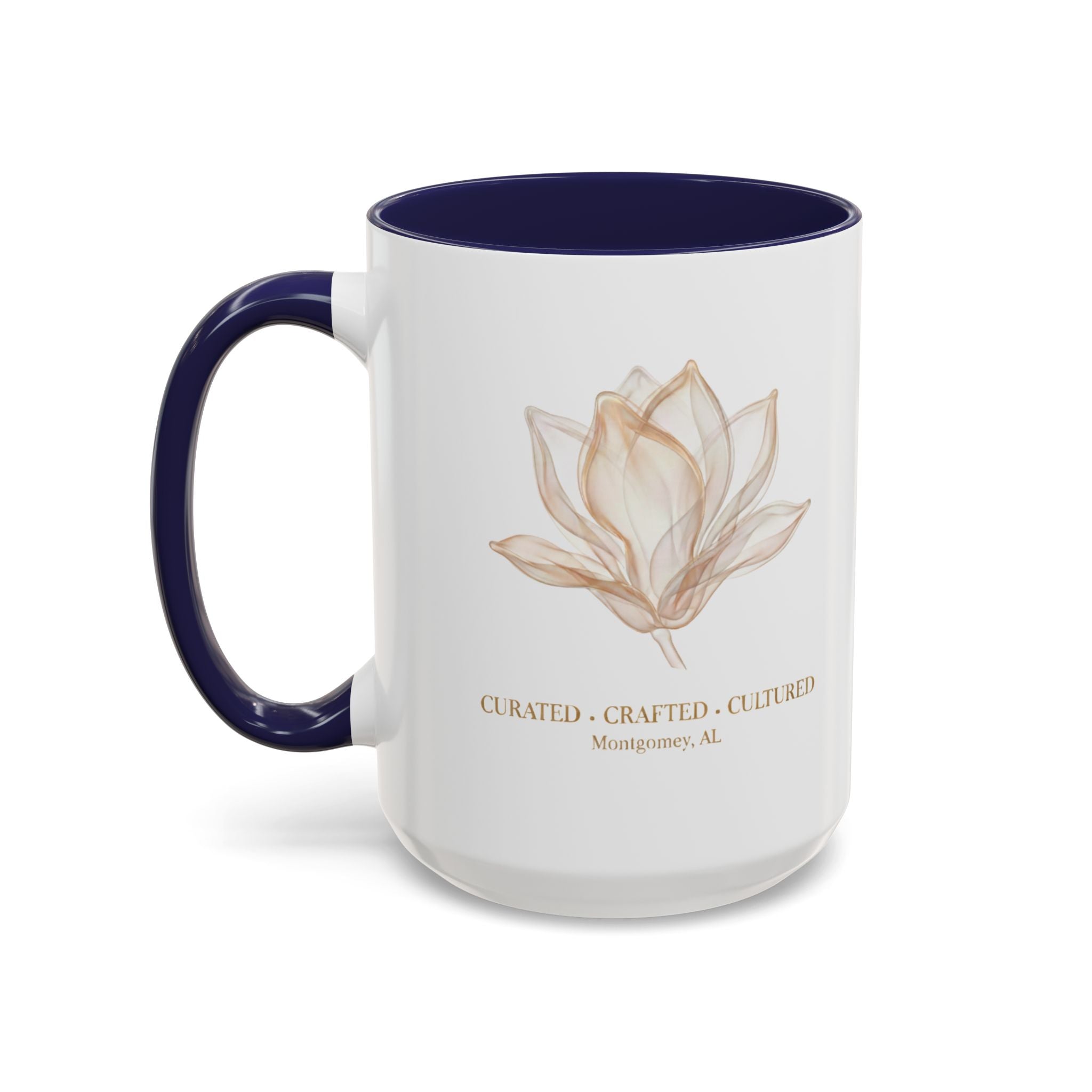 Accent Coffee Mug — "Curated. Crafted. Cultured." Ceramic Mug (11/15oz)