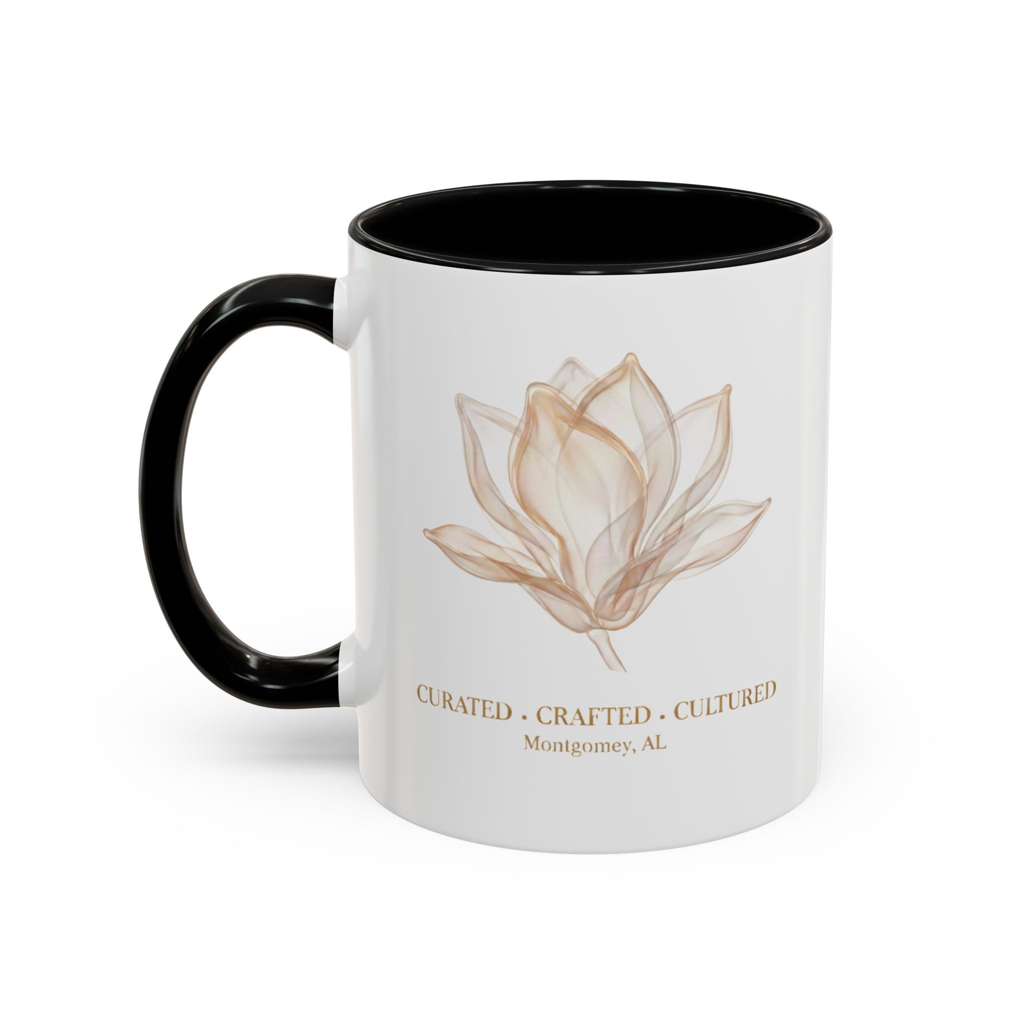 Accent Coffee Mug — "Curated. Crafted. Cultured." Ceramic Mug (11/15oz)